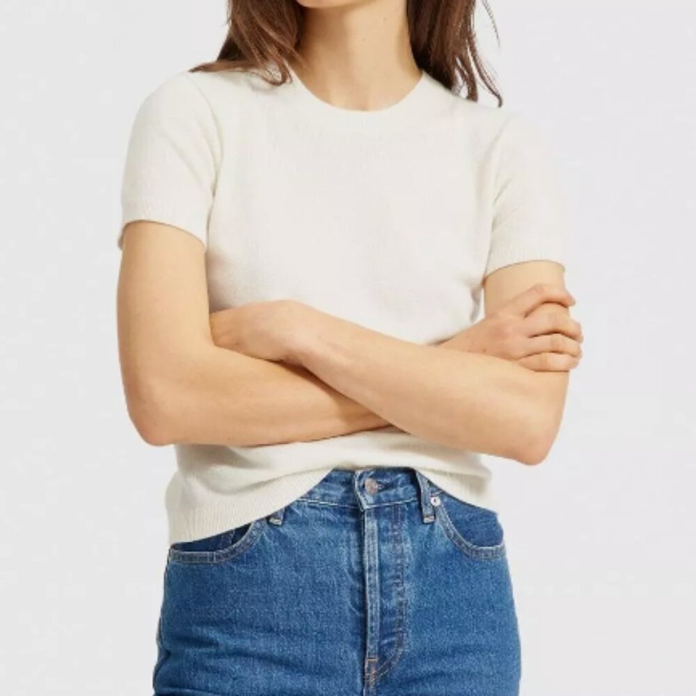 Everlane Cashmere Crew Neck Short Sleeve Sweater Cream Size S